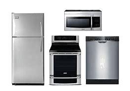 Stainless steel fridge, oven/stove, microwave, and dishwasher on white background.